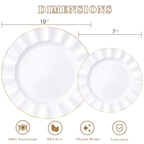 HIGH END 100 Pcs White Wave Plastic Plates with Gold Trim